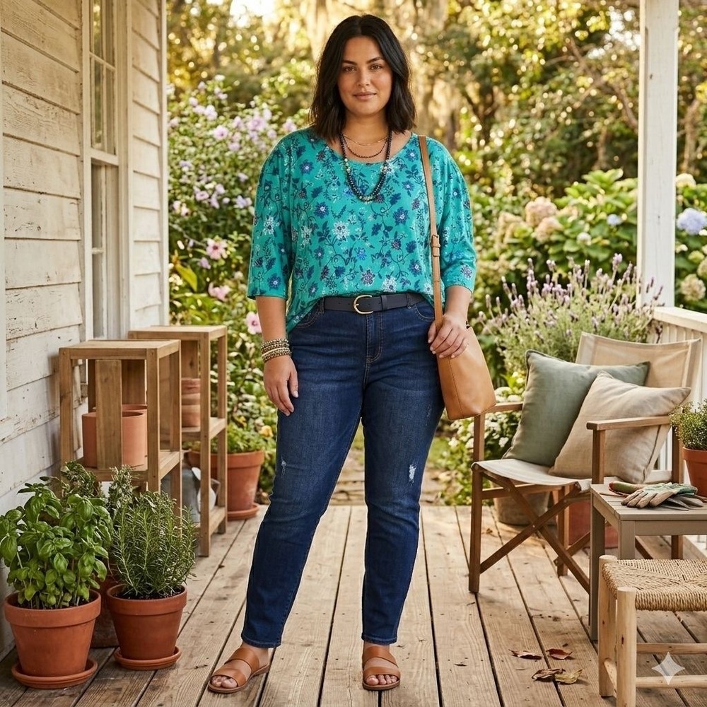 Woman Within Teal Floral Cotton Tunic Top Scoop Neck Elbow Sleeve 3X 30/32
